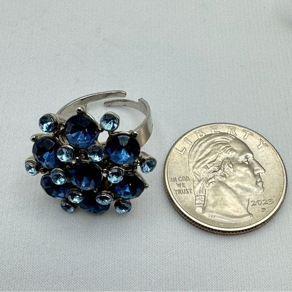 Silver Tone Blue Crystal Rhinestone Flower Adjustable Statement Ring